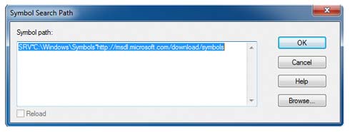WinDbg Fenster Symbol Search Path