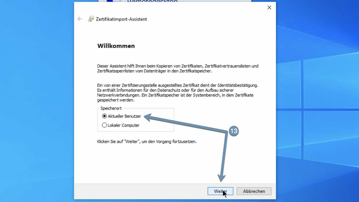 Zertifikatspeicherort auswählen